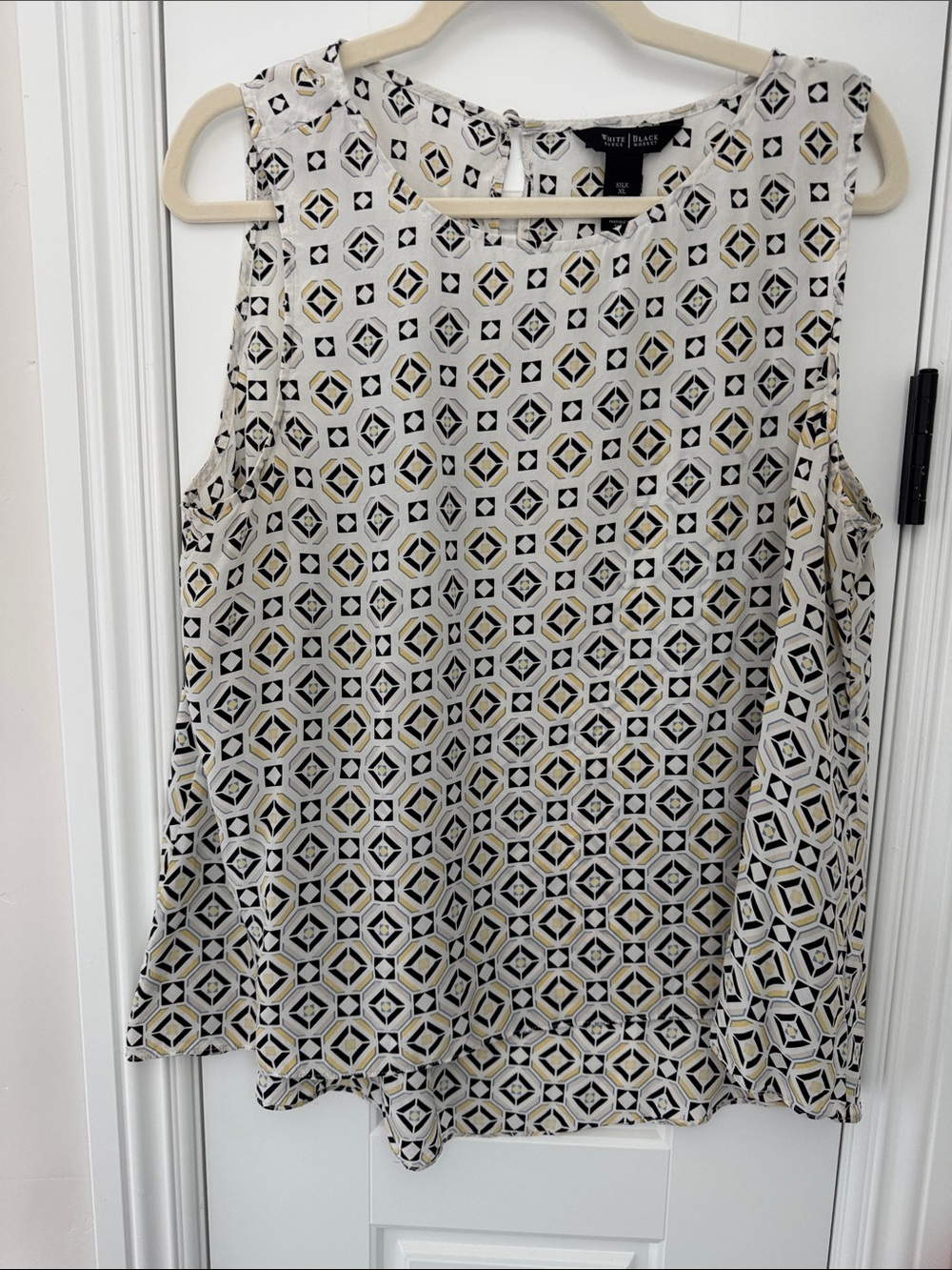 White House Black Market Cream Geometric Print Sleeveless Silk Blouse
